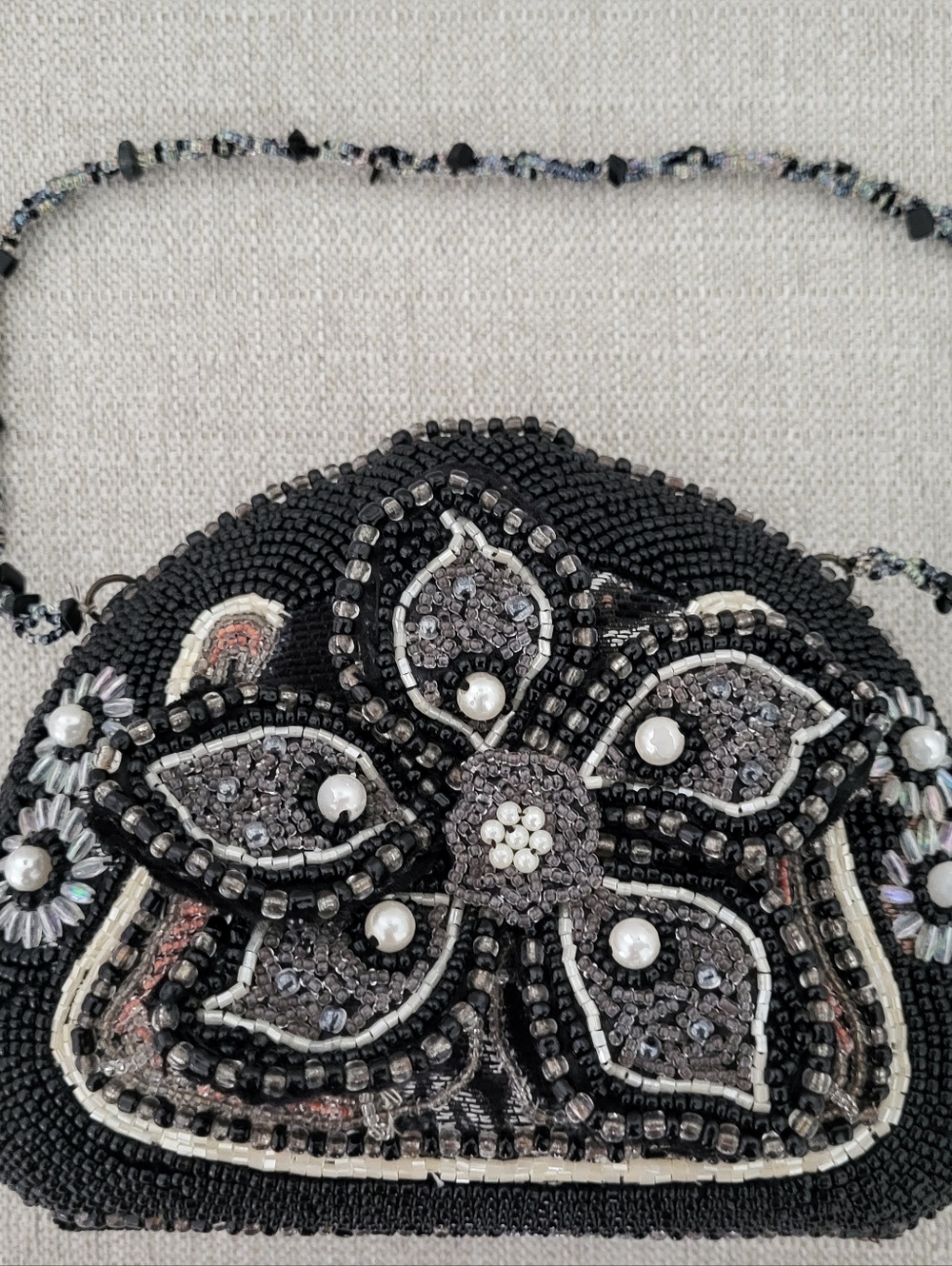 Vintage Beaded & Brocade Handbag Black & Copper Beaded Flower & Strap 9" x 6"